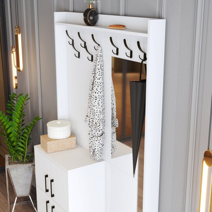 FUNZI LIVING Berlin BC entrsett, med speil, 8 kroker, 2 drer, 2 hyller - hvit melamin og metall