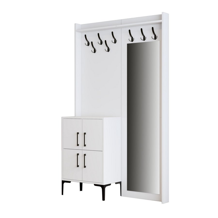 FUNZI LIVING Berlin BC entrsett, med speil, 8 kroker, 2 drer, 2 hyller - hvit melamin og metall