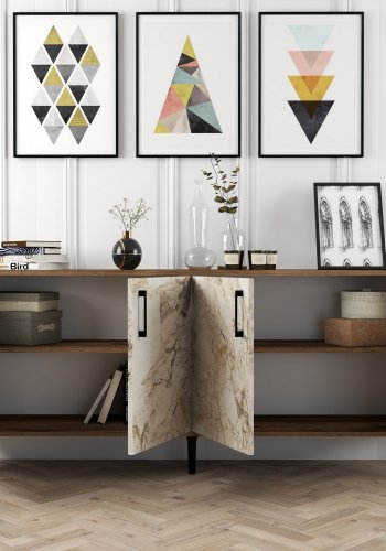 NORDVRK Kiev konsollbord, m. 4 drer, 2 hyller - melamin og metall i valntt/hvit marmorlook (180x35)