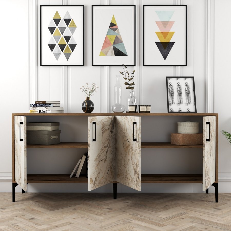 NORDVRK Kiev konsollbord, m. 4 drer, 2 hyller - melamin og metall i valntt/hvit marmorlook (180x35)