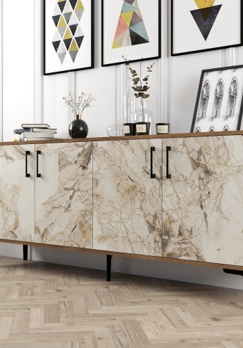 NORDVRK Kiev konsollbord, m. 4 drer, 2 hyller - melamin og metall i valntt/hvit marmorlook (180x35)