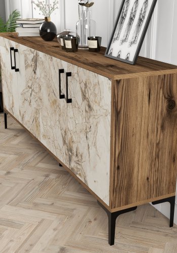 NORDVRK Kiev konsollbord, m. 4 drer, 2 hyller - melamin og metall i valntt/hvit marmorlook (180x35)