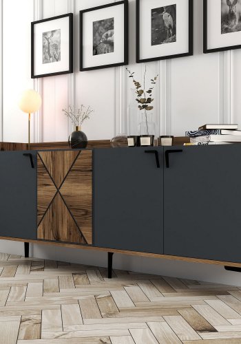 NORDVRK Venezia konsollbord, m. 4 drer og 2 hyller - valntt/antrasittgr melamin og metall (180x35)