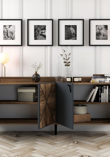 NORDVRK Venezia konsollbord, m. 4 drer og 2 hyller - valntt/antrasittgr melamin og metall (180x35)