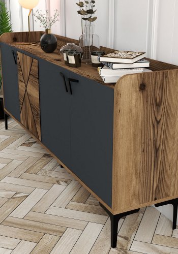 NORDVRK Venezia konsollbord, m. 4 drer og 2 hyller - valntt/antrasittgr melamin og metall (180x35)