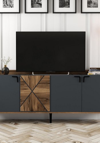 NORDVRK Venezia konsollbord, m. 4 drer og 2 hyller - valntt/antrasittgr melamin og metall (180x35)