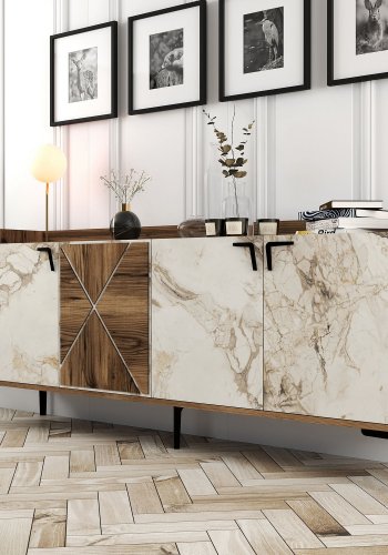 NORDVRK Venedik konsollbord, m 4 drer, 2 hyller - valntt/hvit marmorlook melamin og metall (180x35)