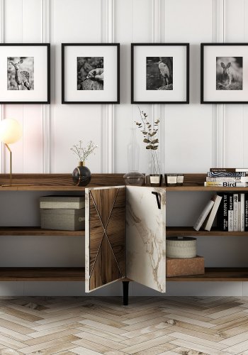 NORDVRK Venedik konsollbord, m 4 drer, 2 hyller - valntt/hvit marmorlook melamin og metall (180x35)