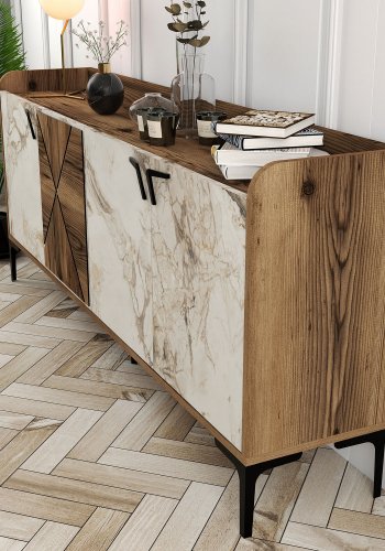 NORDVRK Venedik konsollbord, m 4 drer, 2 hyller - valntt/hvit marmorlook melamin og metall (180x35)