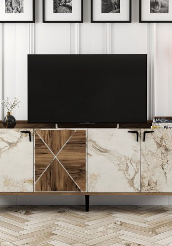 NORDVRK Venedik konsollbord, m 4 drer, 2 hyller - valntt/hvit marmorlook melamin og metall (180x35)