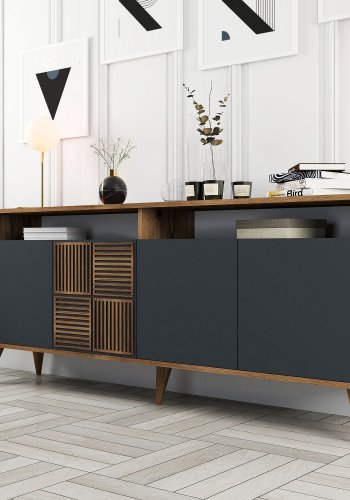 NORDVRK Milan konsollbord, m 4 drer, 2 hyller, 2 rom - valntt/antrasittgr melamin, plast (180x35)