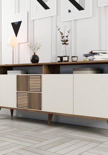 NORDVRK Milan konsollbord, m. 4 drer, 2 hyller, 2 rom - valntt/kremmelamin og plast (180x35)