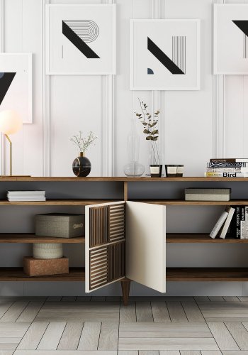 NORDVRK Milan konsollbord, m. 4 drer, 2 hyller, 2 rom - valntt/kremmelamin og plast (180x35)