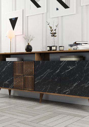 NORDVRK Milan konsollbord, m. 4 drer, 2 hyller, 2 rom - valntt/svart melamin og plast (180x35)