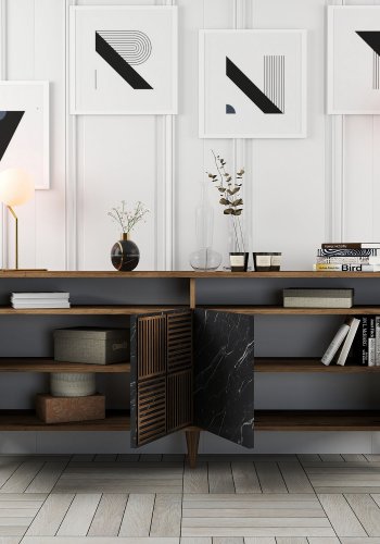 NORDVRK Milan konsollbord, m. 4 drer, 2 hyller, 2 rom - valntt/svart melamin og plast (180x35)