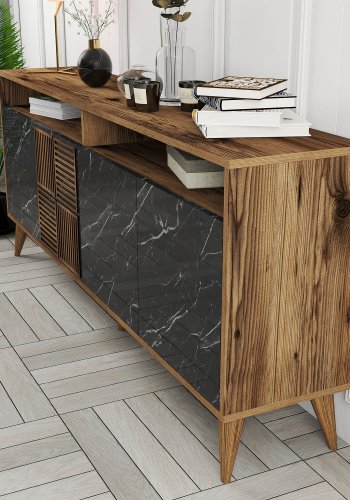 NORDVRK Milan konsollbord, m. 4 drer, 2 hyller, 2 rom - valntt/svart melamin og plast (180x35)