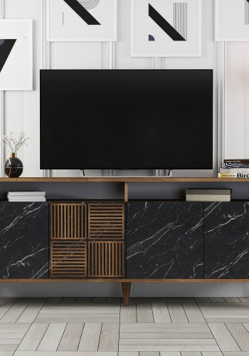 NORDVRK Milan konsollbord, m. 4 drer, 2 hyller, 2 rom - valntt/svart melamin og plast (180x35)