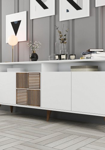 NORDVRK Milan konsollbord, m 4 drer, 2 hyller, 2 rom - hvit melamin og plast (180x35)