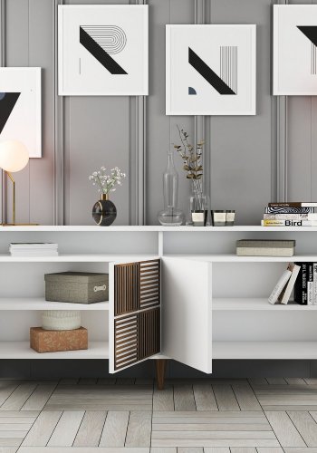 NORDVRK Milan konsollbord, m 4 drer, 2 hyller, 2 rom - hvit melamin og plast (180x35)