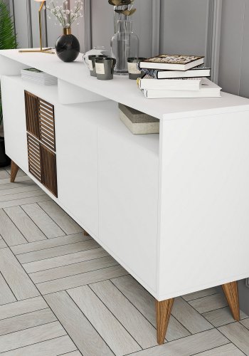 NORDVRK Milan konsollbord, m 4 drer, 2 hyller, 2 rom - hvit melamin og plast (180x35)