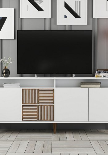 NORDVRK Milan konsollbord, m 4 drer, 2 hyller, 2 rom - hvit melamin og plast (180x35)