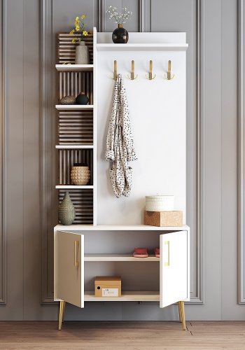 FUNZI LIVING Viyana D entrésett, med 4 kroker, 2 drer og 6 hyller - hvit melamin og gullfarget metall