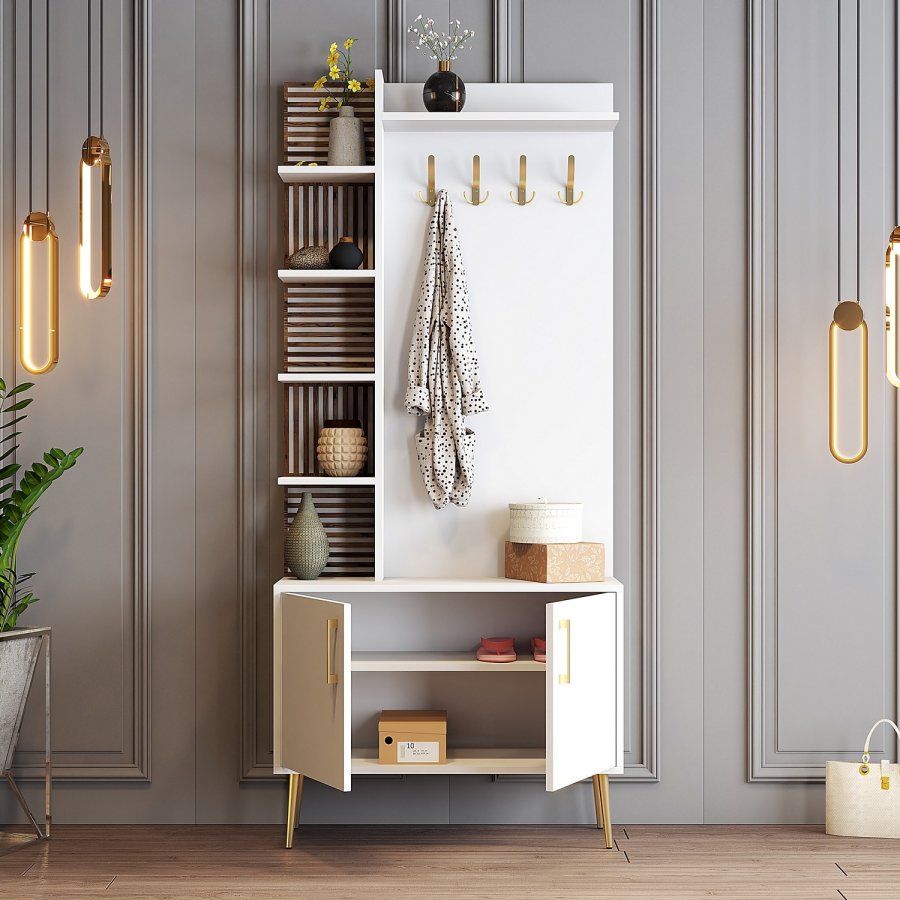 FUNZI LIVING Viyana D entrésett, med 4 kroker, 2 drer og 6 hyller - hvit melamin og gullfarget metall