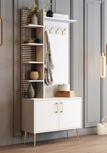 FUNZI LIVING Viyana D entrésett, med 4 kroker, 2 drer og 6 hyller - hvit melamin og gullfarget metall