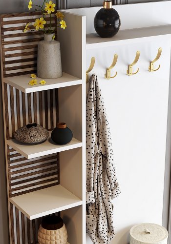 FUNZI LIVING Viyana D entrésett, med 4 kroker, 2 drer og 6 hyller - hvit melamin og gullfarget metall