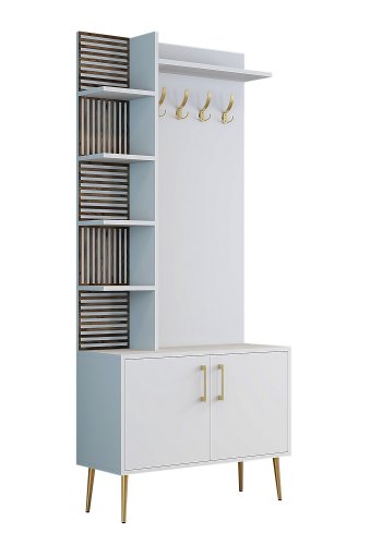 FUNZI LIVING Viyana D entrésett, med 4 kroker, 2 drer og 6 hyller - hvit melamin og gullfarget metall