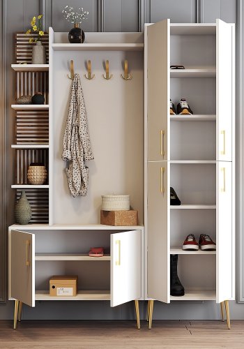 FUNZI LIVING Viyana D entrésett, med 4 kroker, 6 drer og 11 hyller - hvit melamin og gullfarget metall