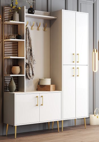 FUNZI LIVING Viyana D entrésett, med 4 kroker, 6 drer og 11 hyller - hvit melamin og gullfarget metall