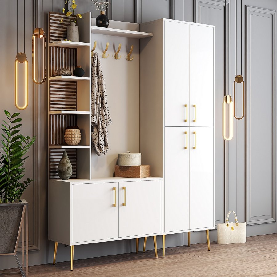 FUNZI LIVING Viyana D entrésett, med 4 kroker, 6 drer og 11 hyller - hvit melamin og gullfarget metall