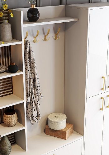 FUNZI LIVING Viyana D entrésett, med 4 kroker, 6 drer og 11 hyller - hvit melamin og gullfarget metall