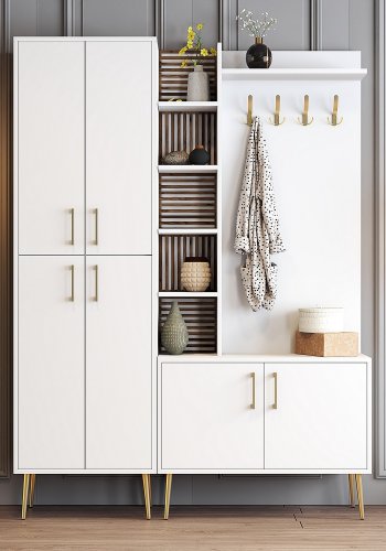 FUNZI LIVING Viyana D entrésett, med 4 kroker, 6 drer og 11 hyller - hvit melamin og gullfarget metall