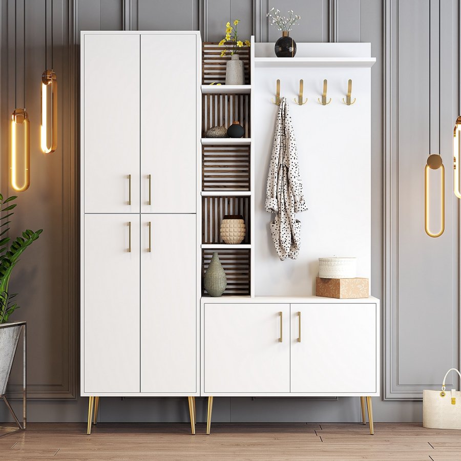 FUNZI LIVING Viyana D entrésett, med 4 kroker, 6 drer og 11 hyller - hvit melamin og gullfarget metall