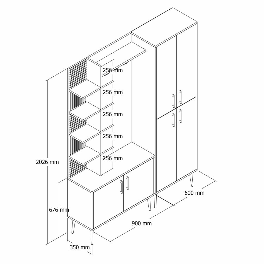 FUNZI LIVING Viyana D entrésett, med 4 kroker, 6 drer og 11 hyller - hvit melamin og gullfarget metall