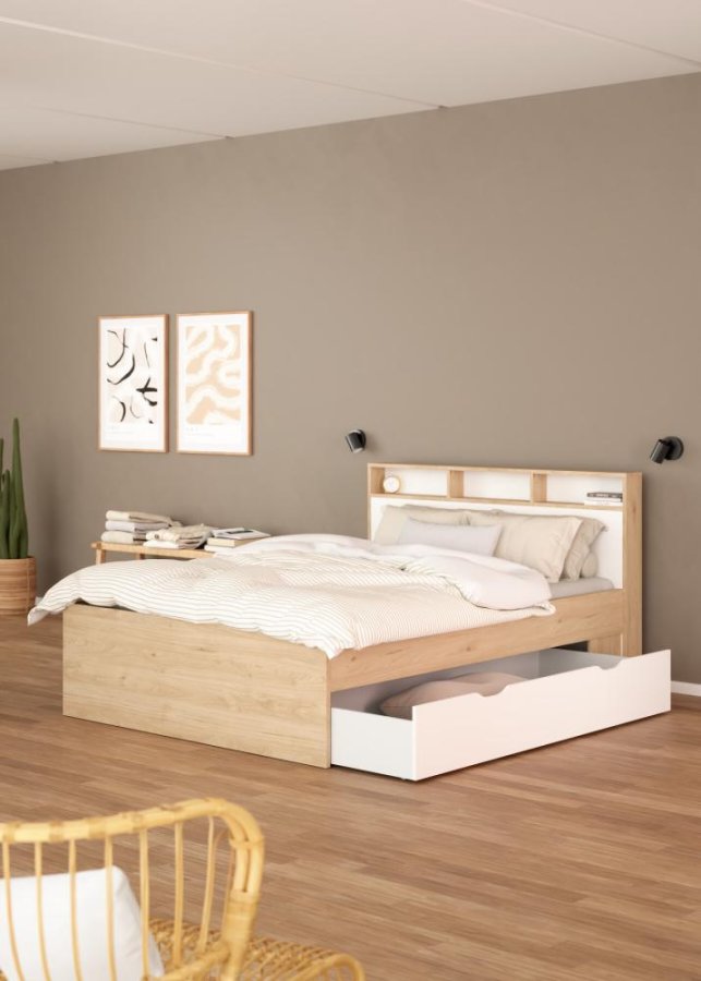 TVILUM Ikast Bett mit 2 Schubladen 160x200, Jackson Hickory / Weiß, 169,8 x 216 x 96,8 cm