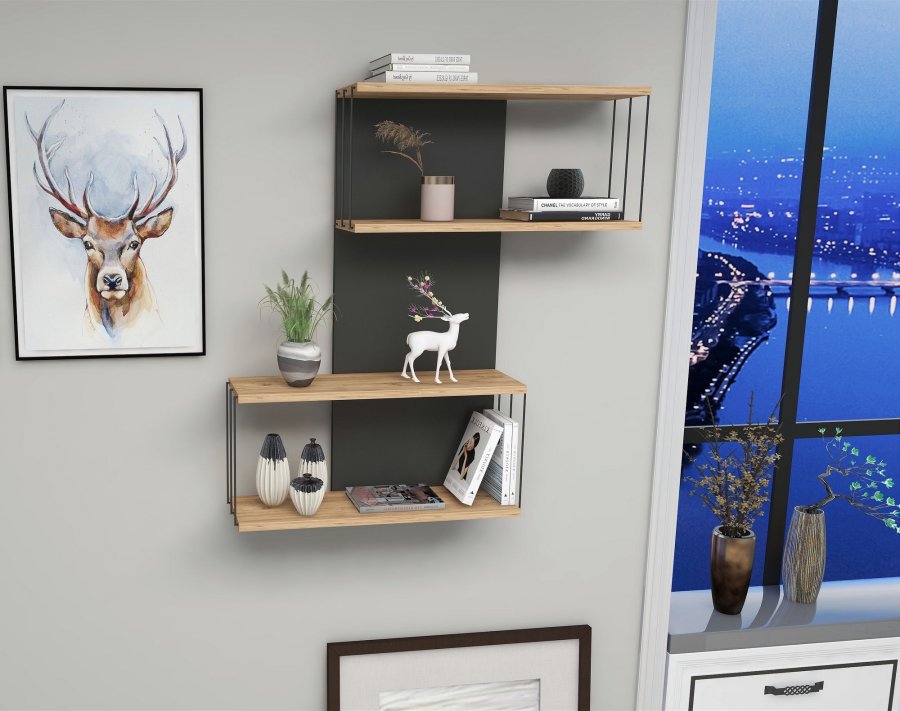 FUNZI LIVING Destan vegghylle - eikefarget furu og antrasittgr melamin