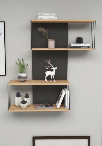 FUNZI LIVING Destan vegghylle - eikefarget furu og antrasittgr melamin