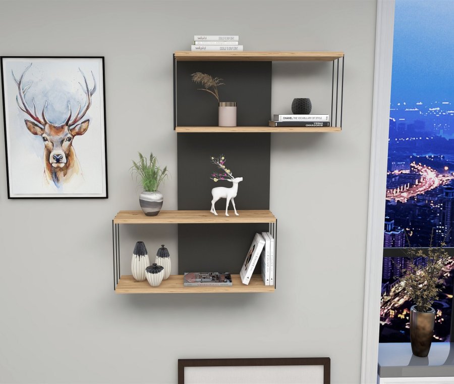 FUNZI LIVING Destan vegghylle - eikefarget furu og antrasittgr melamin