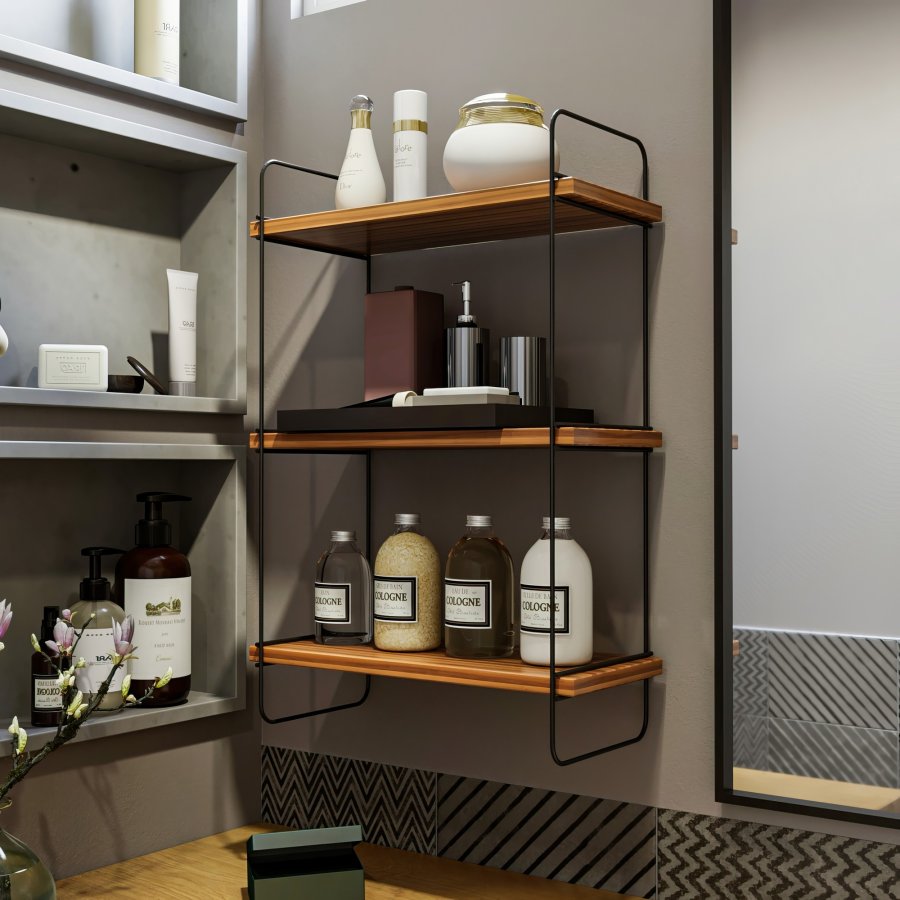 NORDVRK Pulalis vegghylle, med 3 hyller - valnttfarget melamin og metall