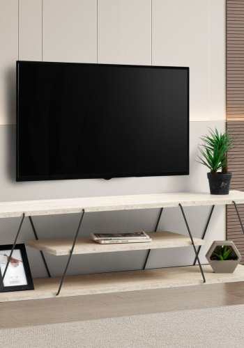 NORDVRK Canaz TV-bord, med 2 hyller - hvit travertin melamin og svart metall (120x30)