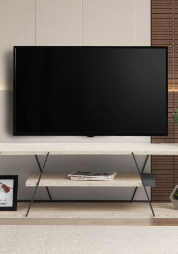 NORDVRK Canaz TV-bord, med 2 hyller - hvit travertin melamin og svart metall (120x30)