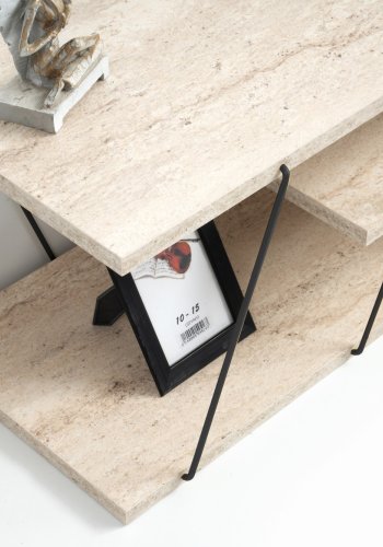 NORDVRK Canaz TV-bord, med 2 hyller - hvit travertin melamin og svart metall (120x30)