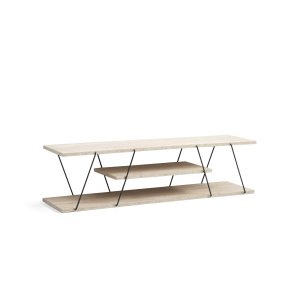 NORDVRK Canaz TV-bord, med 2 hyllplan - vit travertin melamin och svart metall (120x30)