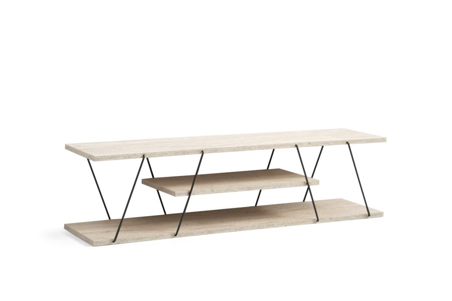 NORDVRK Canaz TV-bord, med 2 hyller - hvit travertin melamin og svart metall (120x30)