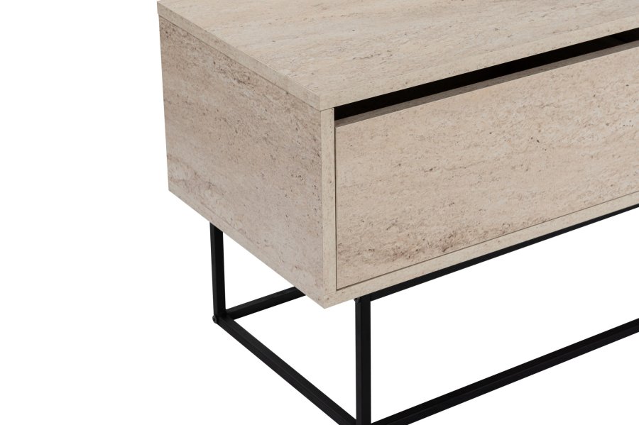 NORDVÄRK Escape 180 TV-bord, med 1 hylle og 2 skuffer - travertin melamin og svart jern (180x40)
