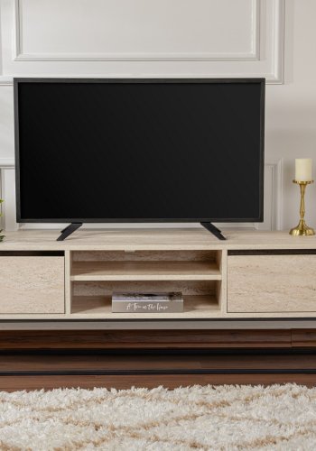 NORDVÄRK Escape 180 TV-bord, med 1 hylle og 2 skuffer - travertin melamin og svart jern (180x40)