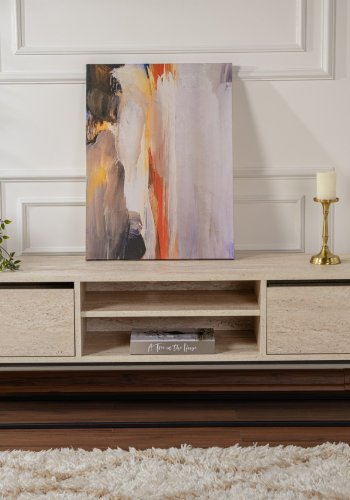 NORDVÄRK Escape 180 TV-bord, med 1 hylle og 2 skuffer - travertin melamin og svart jern (180x40)